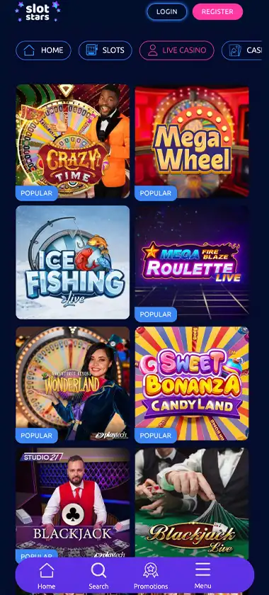 Slotstars Casino mobile live dealer games collection screenshot displaying available live tables and categories with mobile-friendly interface/navigation - tested