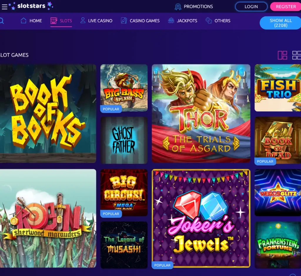 Slotstars Casino desktop slot screenshot showing multiple slot categories, featured games and provider filters - tested