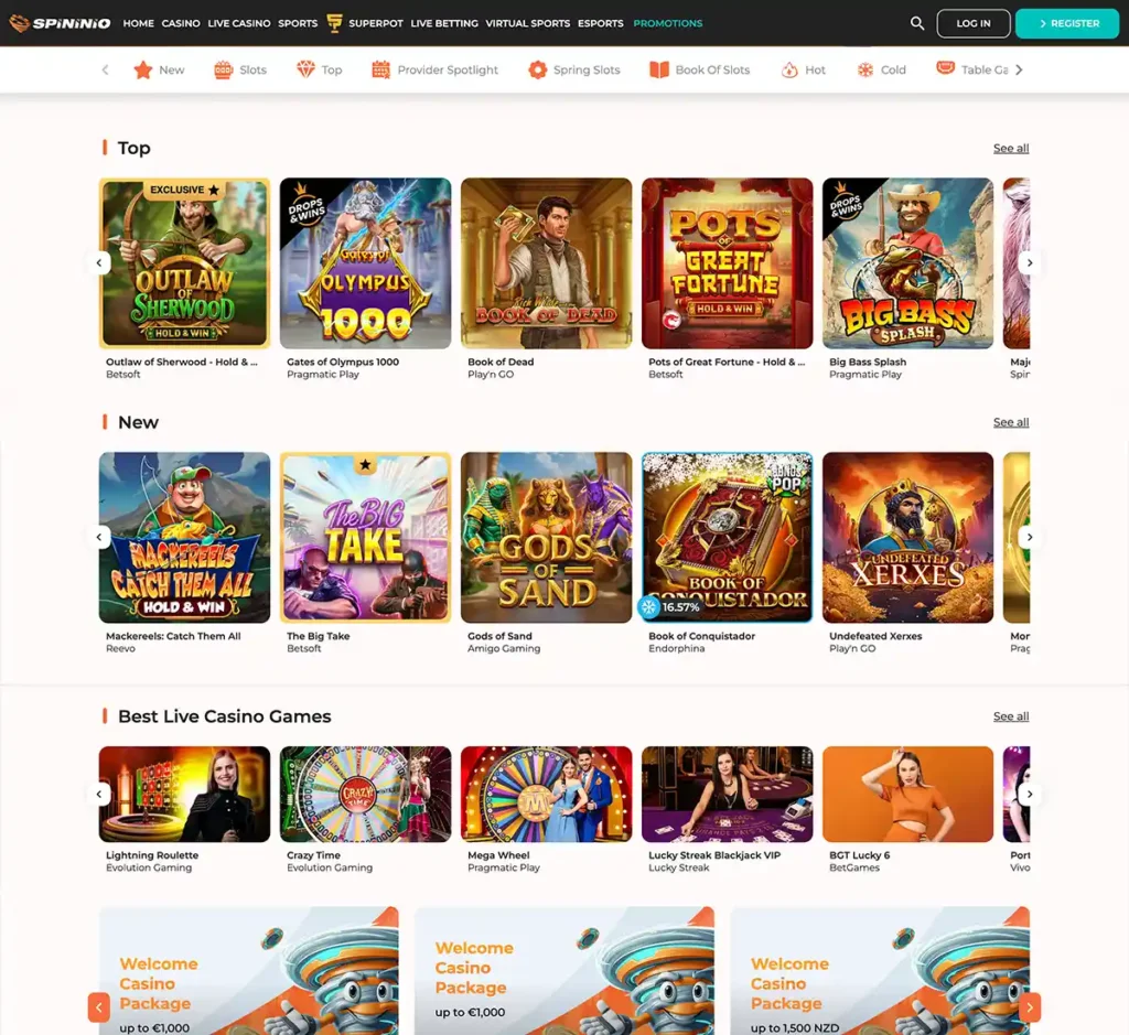 Spininio Casino desktop homepage screenshot showing main navigation, featured games and promotional banners - tested