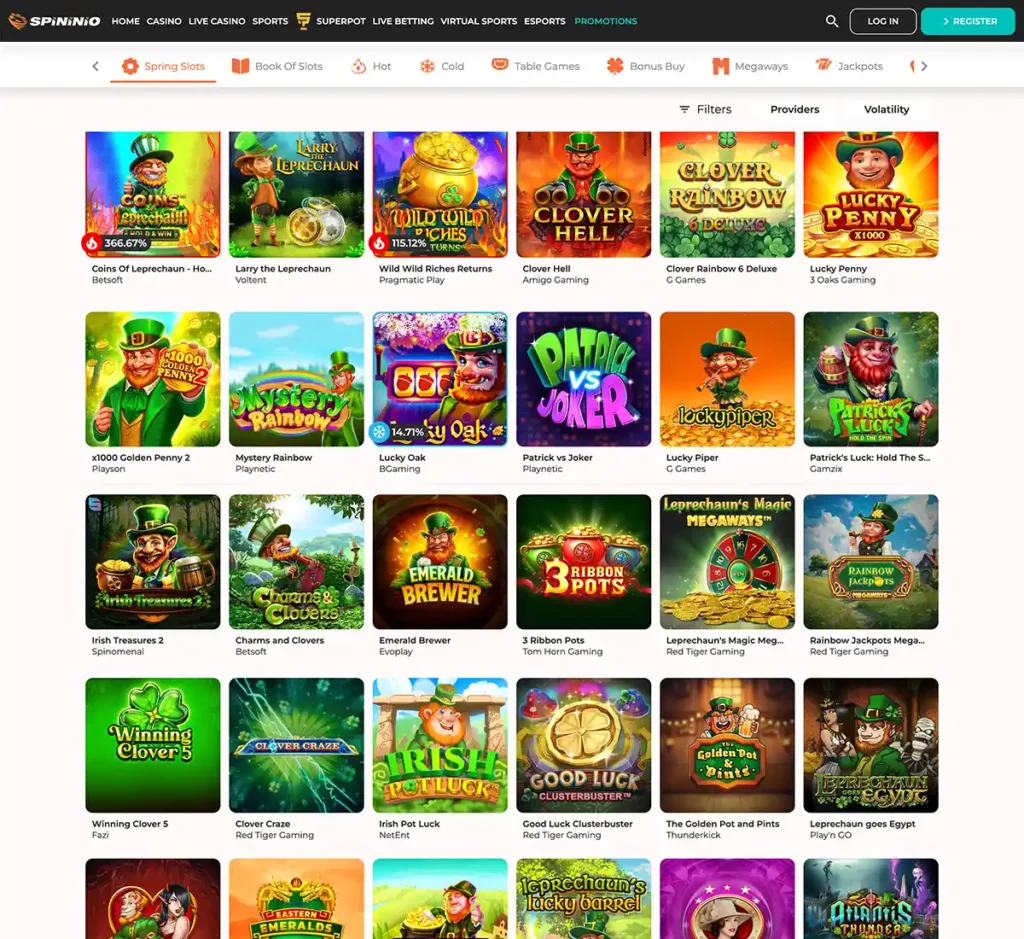Spininio Casino desktop spring slots screenshot showing seasonal spring-themed slots, featured new releases and provider filters - tested
