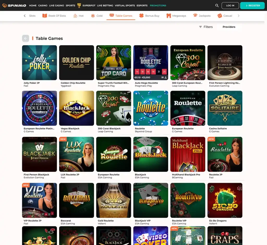 Spininio Casino desktop table games collection screenshot showing various table games, categories and provider filters - tested