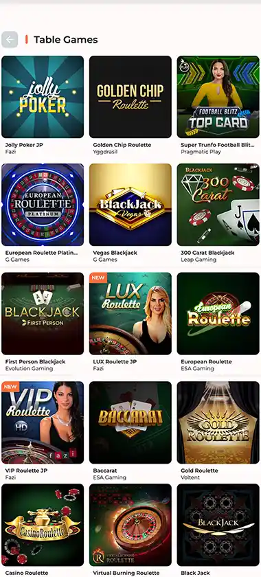 Spininio Casino mobile table games collection screenshot displaying various table games, categories and touch-optimized navigation - tested