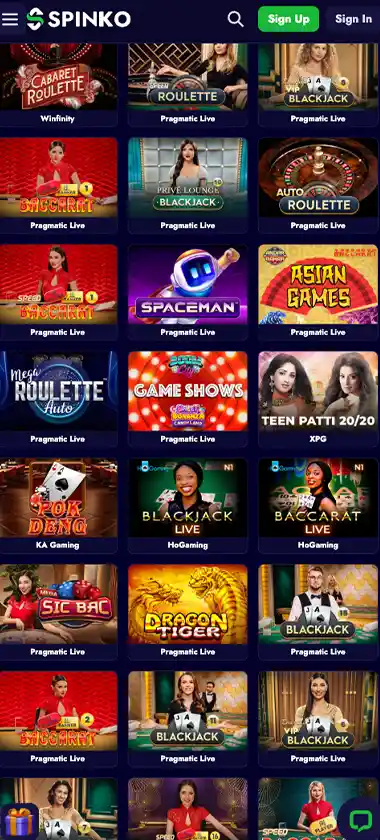 Spinko Casino mobile live dealer games collection screenshot displaying available live tables and categories with mobile-friendly interface/navigation - tested
