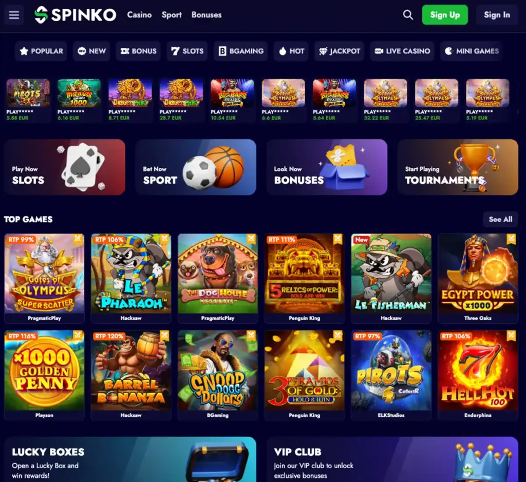 Spinko Casino desktop homepage screenshot showing main navigation, featured games and promotional banners - tested
