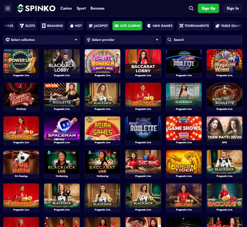 Spinko Casino desktop live dealer games collection screenshot showing roulette, blackjack and baccarat tables in lobby view with categories and provider filters - tested