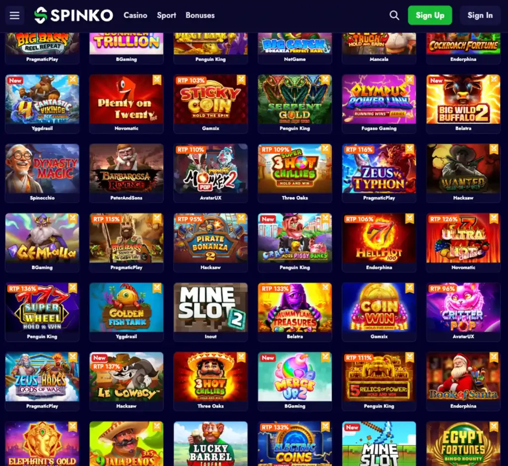 Spinko Casino desktop slots screenshot showing multiple slot categories, featured games and provider filters - tested