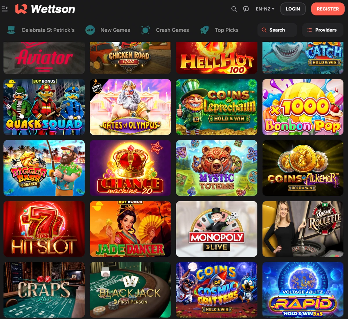 Wettson Casino desktop home page   captured during our review