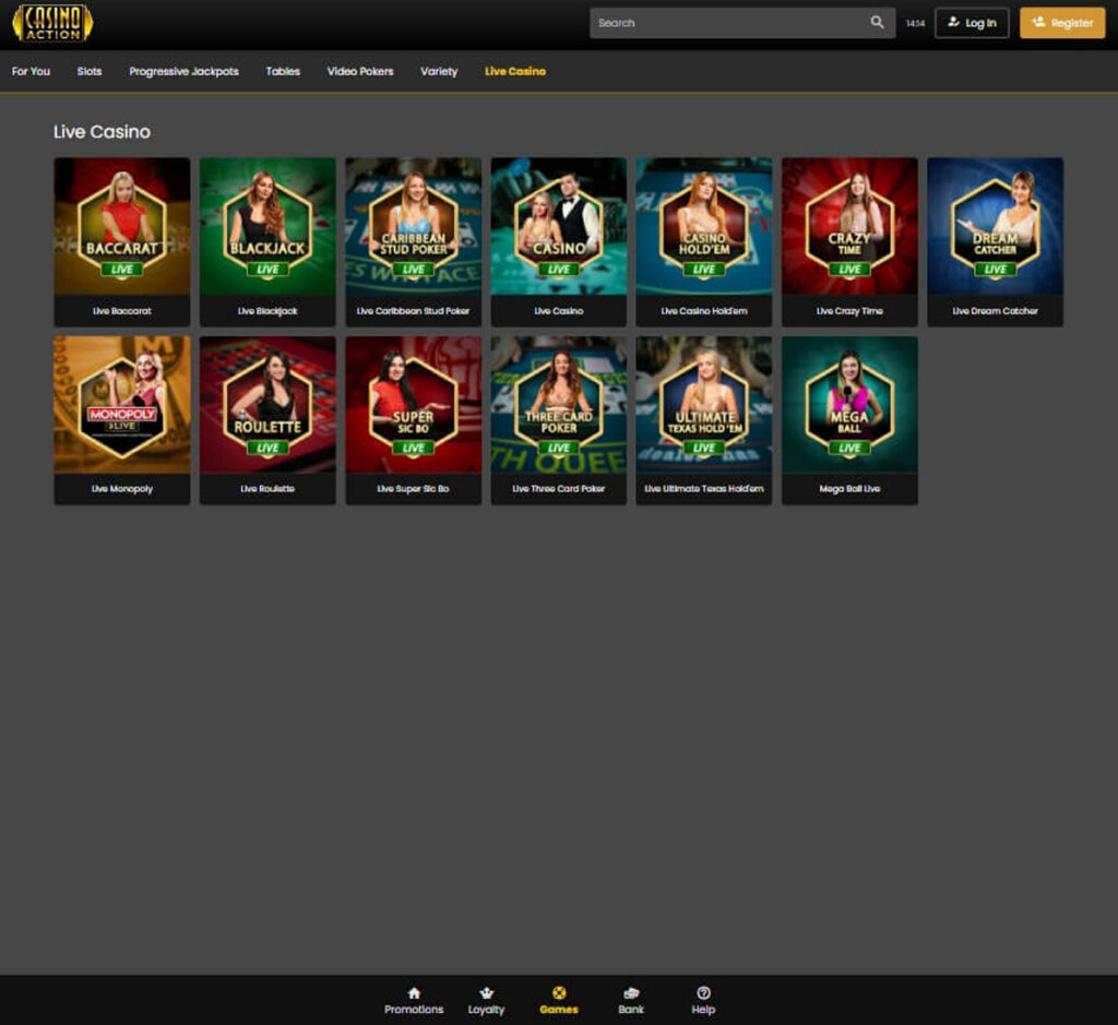 Casino Action desktop live dealer games collection screenshot showing roulette, blackjack and baccarat tables in lobby view - tested
