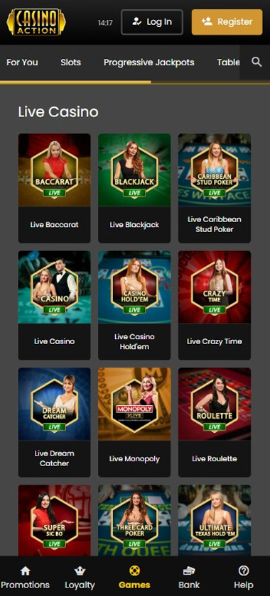 Casino Action mobile live dealer games collection screenshot displaying available live tables and categories   tested