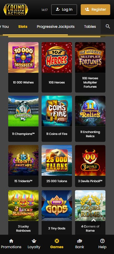 Casino Action mobile slots variety screenshot displaying featured slots, categories and touch optimized navigation   tested