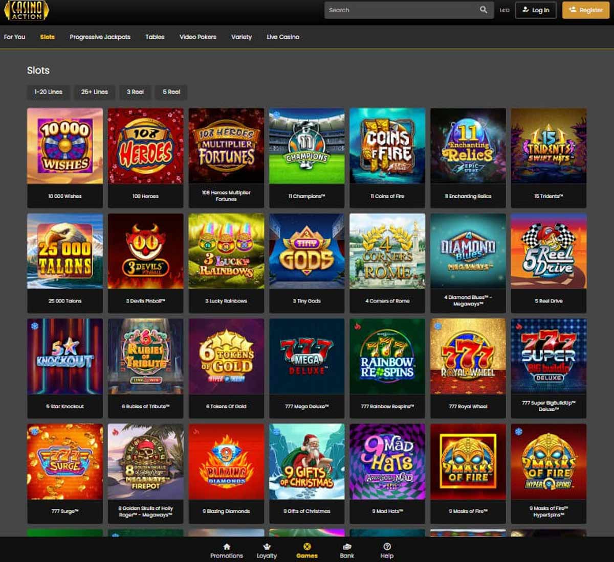 Casino Action desktop slots variety screenshot showing multiple slot categories, featured games and provider filters   tested