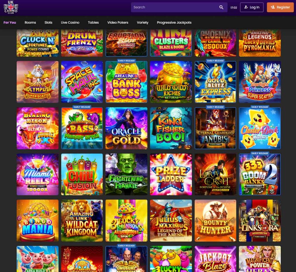 UK Casino Club desktop home page screenshot showing main navigation, featured games and promotional banners - tested