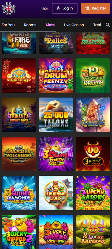 UK Casino Club mobile slots variety screenshot displaying featured slots, categories and touch optimized navigation   tested