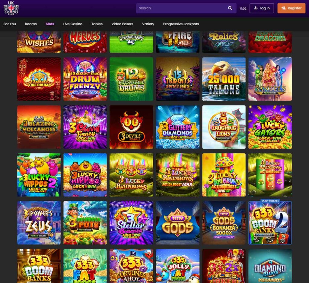 UK Casino Club desktop slots variety screenshot showing multiple slot categories, featured games and provider filters - tested
