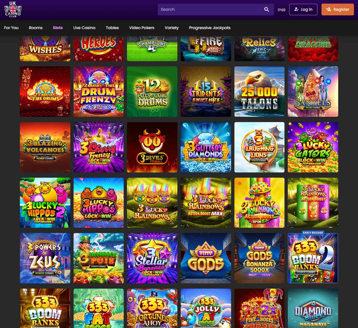 UK Casino Club desktop slots variety screenshot showing multiple slot categories, featured games and provider filters   tested