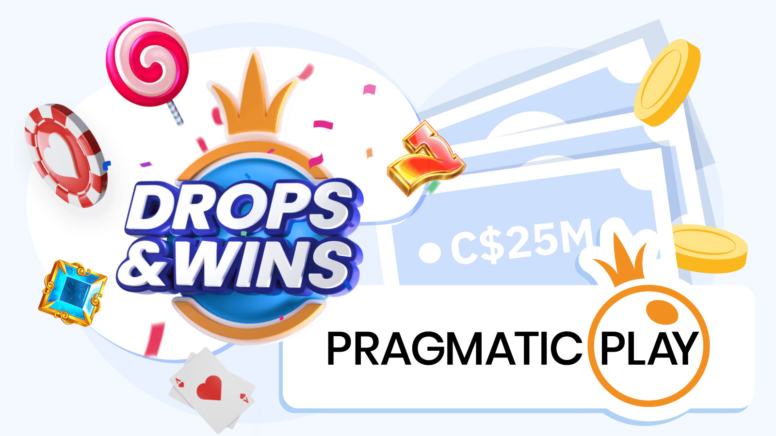 Infographic breaking down Pragmatic Play Drops and Wins campaign for Canadian players showing C$25M annual prize pool and C$100M total since 2020, with daily tournaments requiring minimum C$0.15 bet, weekly wheel prizes up to C$100,000, and recommended session bankroll of C$200-C$300 for C$1 stakes on high volatility slots