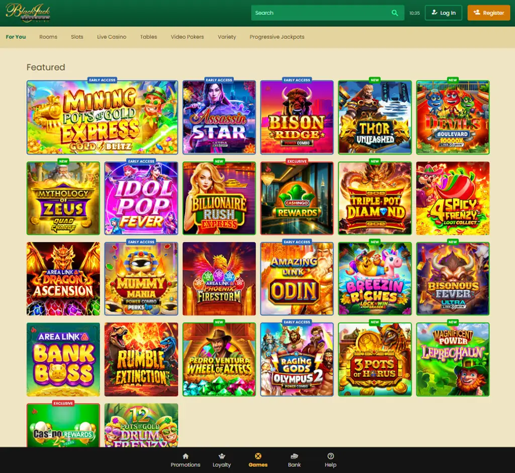 Blackjack Ballroom Casino homepage desktop interface screenshot showing main lobby, featured games and promotions - tested