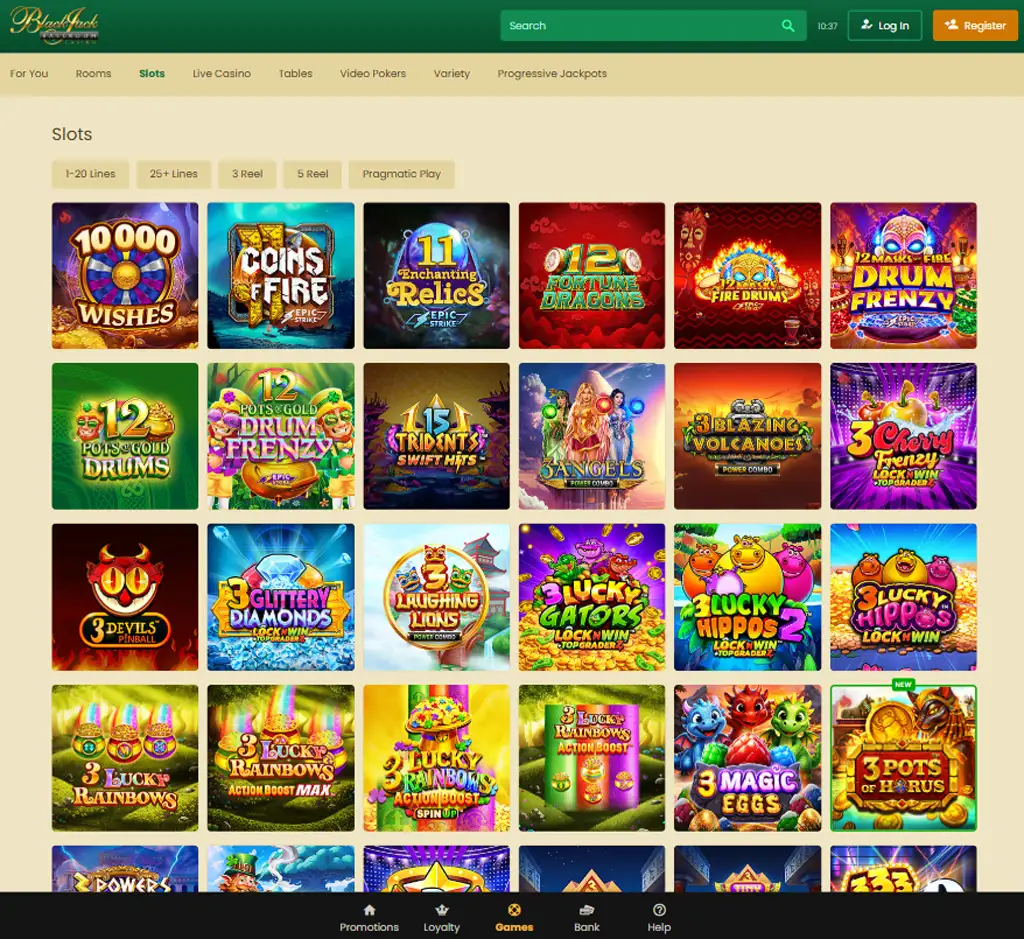 Blackjack Ballroom Casino slot games desktop interface screenshot featuring slot categories and gameplay options - review testing