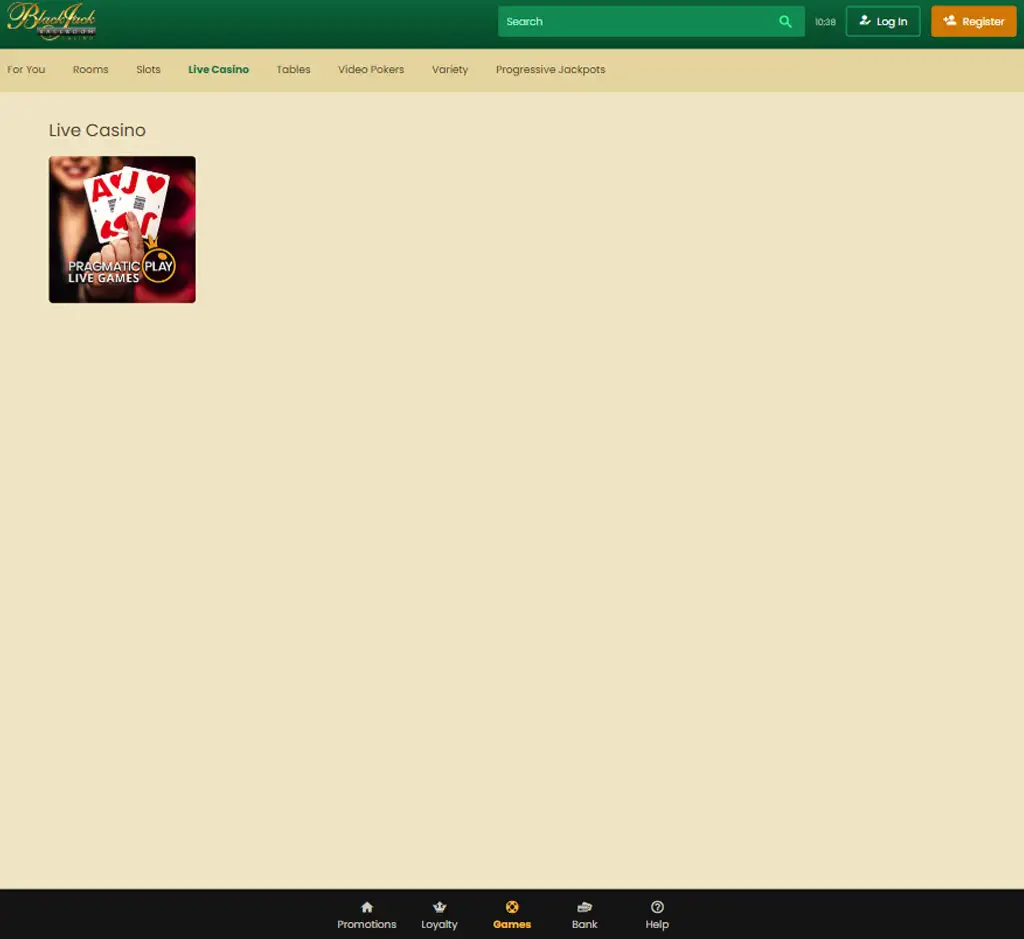 Blackjack Ballroom Casino live casino desktop interface screenshot showing live dealer tables and streaming gameplay - captured during testing