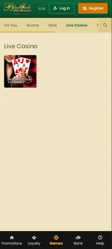 Blackjack Ballroom Casino live casino mobile interface screenshot showing live dealer games and real-time gameplay - tested