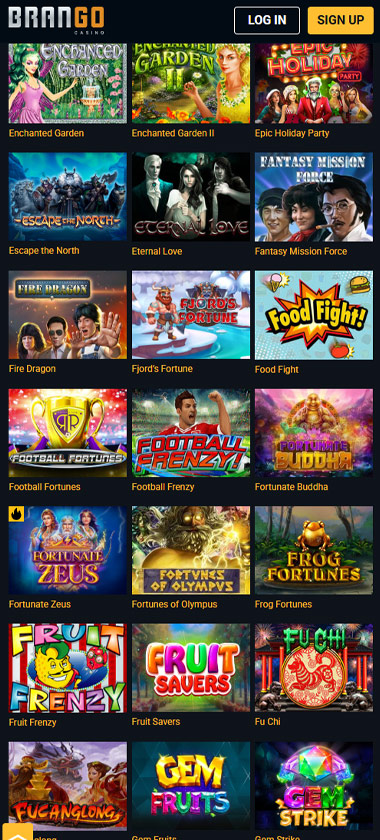 Brango Casino mobile new game interface screenshot showing slot game selection with popular titles and filtering options - captured during platform testing