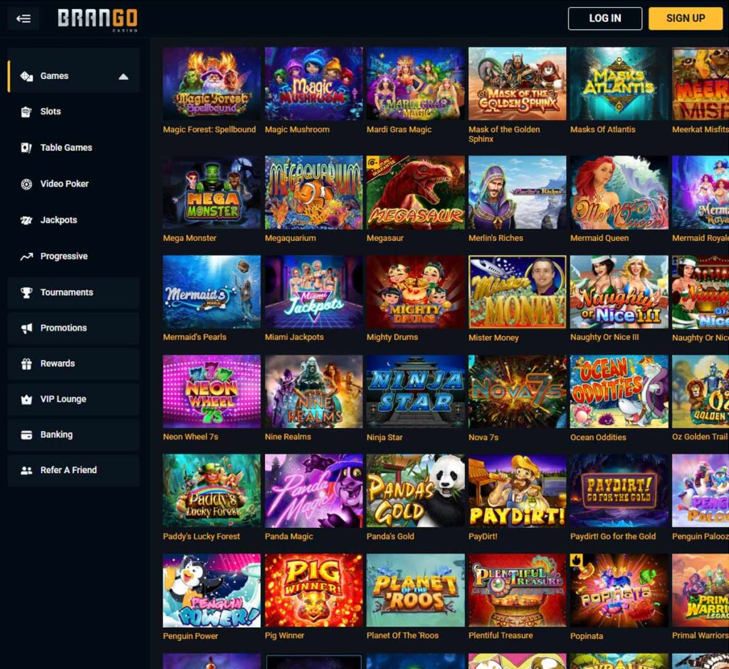 Brango Casino desktop slots lobby screenshot presenting variety of slot games with categories and providers - verified