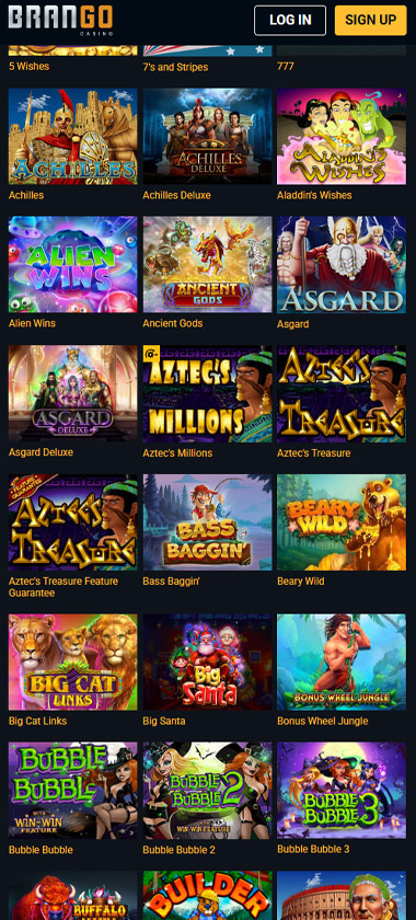 Brango Casino mobile slots interface screenshot showing slot game selection with popular titles and filtering options - captured during platform testing