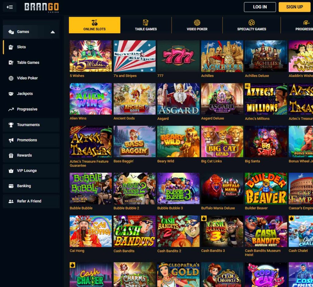 Brango Casino desktop slots lobby screenshot presenting variety of slot games with categories and providers - verified