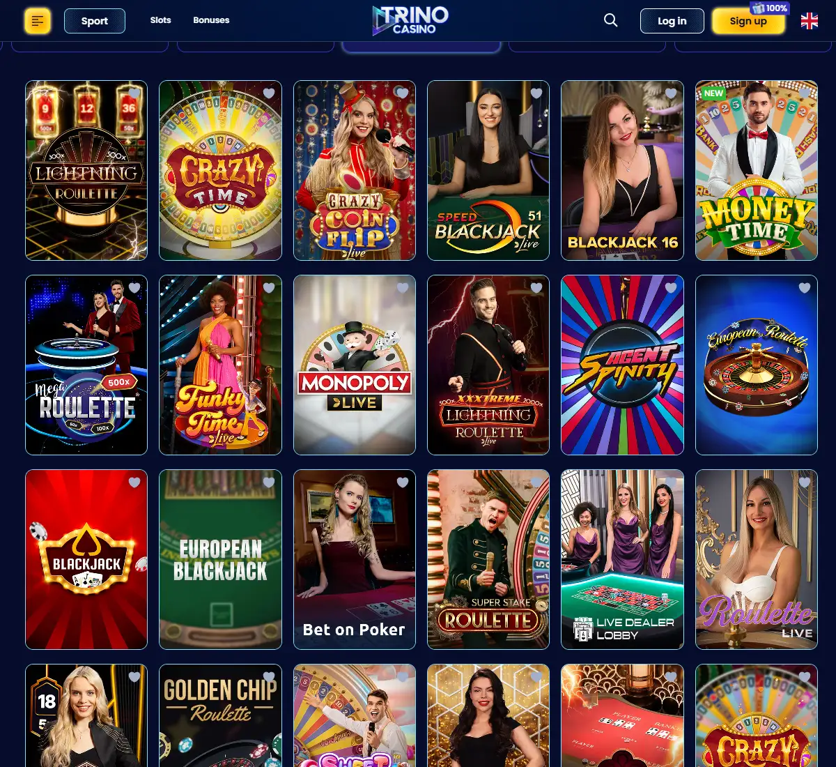 Trino Casino desktop live casino screenshot displaying live dealer tables, streaming interface, and game selection grid on widescreen layout   tested
