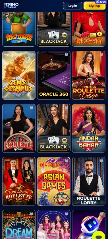 Trino Casino mobile live casino screenshot showing live dealer tables, game thumbnails, and lobby navigation on smartphone interface   tested