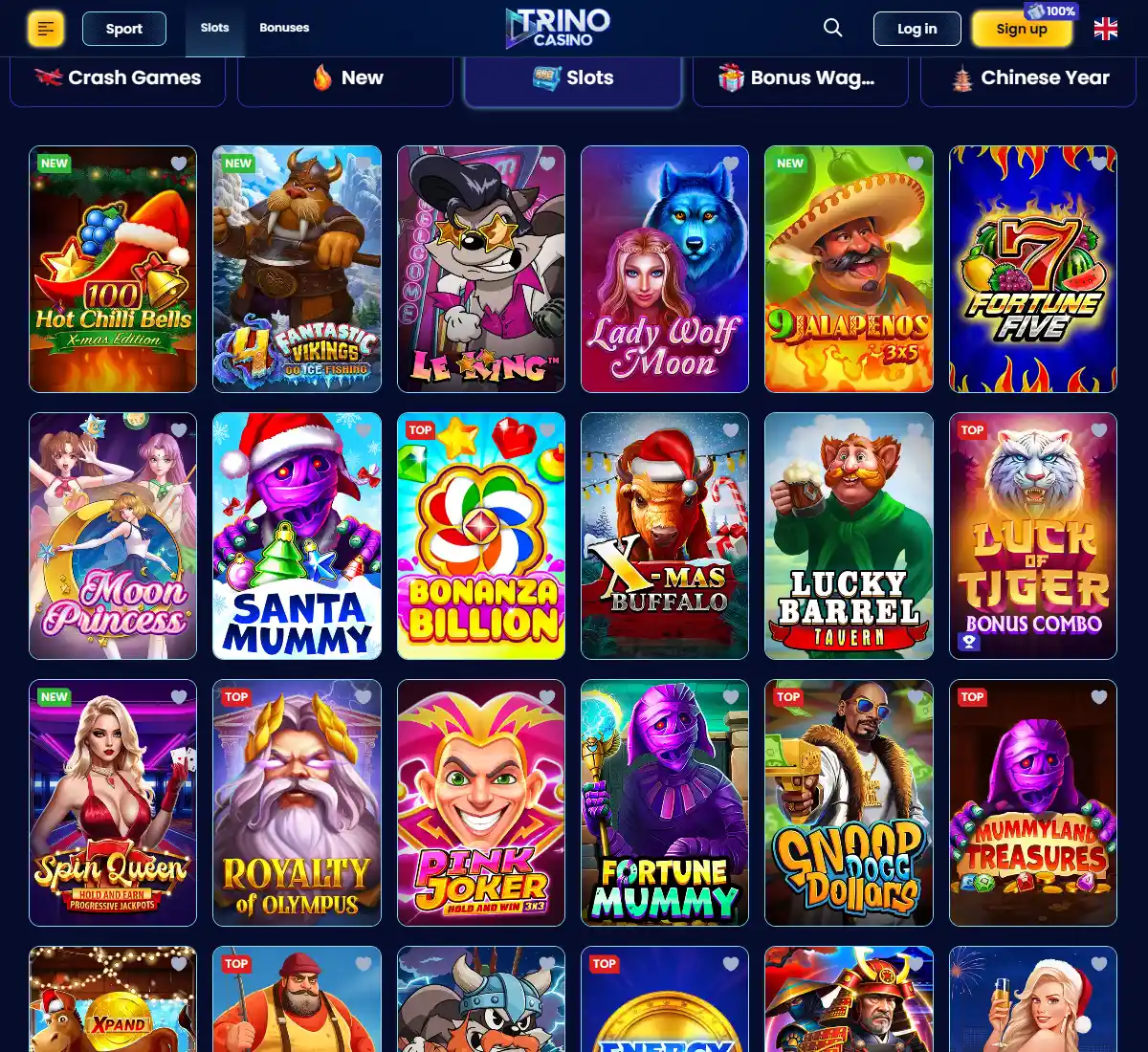 Trino Casino desktop slots screenshot displaying full game library with categories, featured slots, and filtering options on widescreen interface   tested