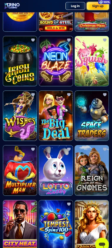 Trino Casino mobile slots screenshot showing slot game library with featured titles, categories, and scrollable navigation on smartphone interface   tested