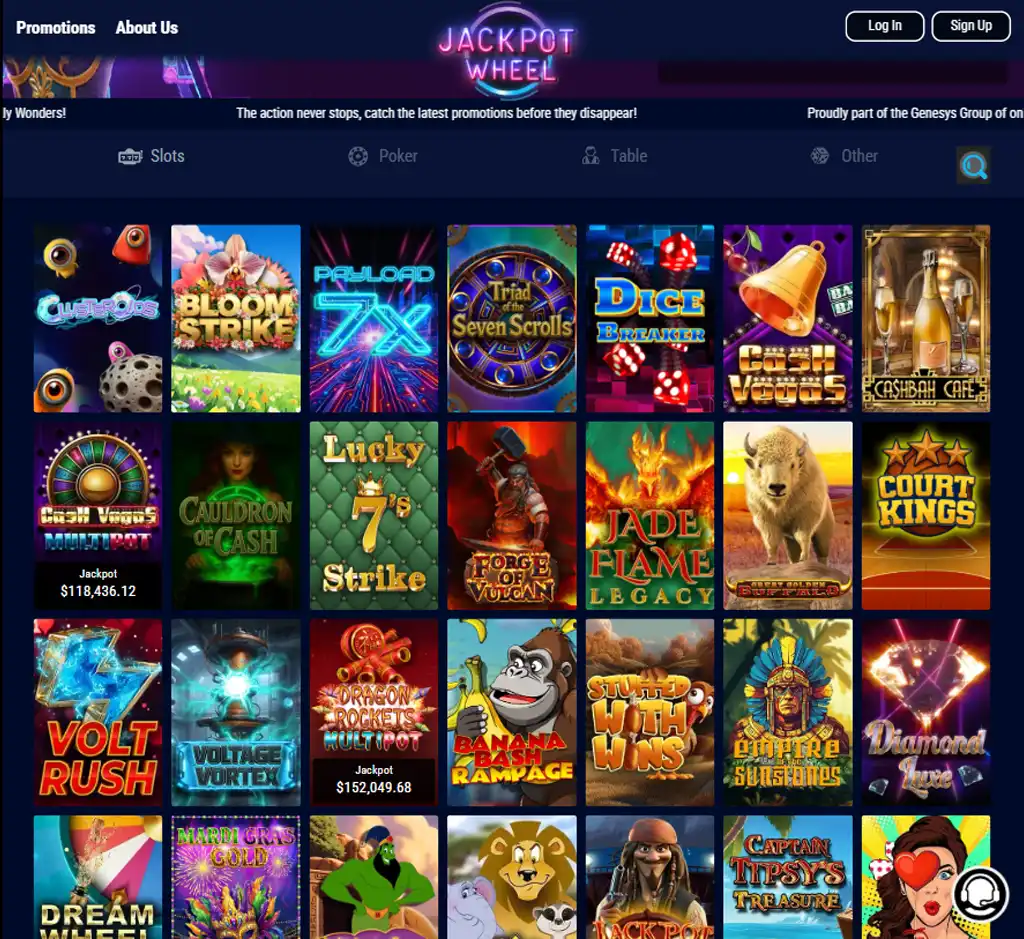 Jackpot Wheel Casino desktop slots lobby screenshot presenting variety of slot games with categories and providers - Tested
