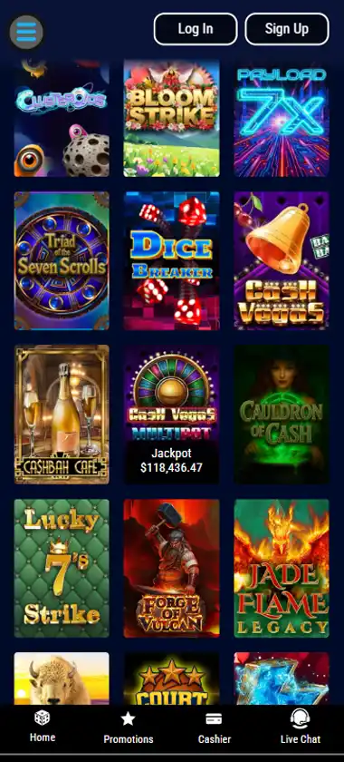 Jackpot Wheel Casino mobile slots interface screenshot showing slot game selection with popular titles and filtering options - Tested