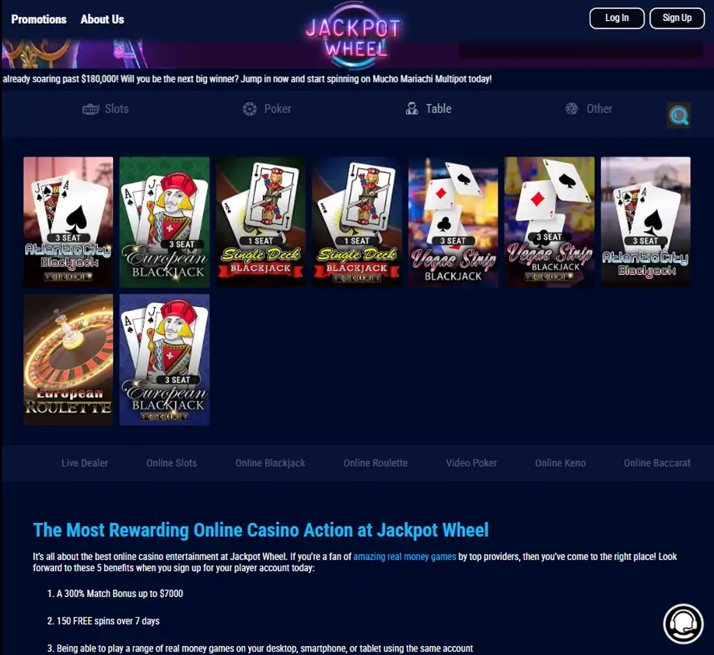 Jackpot Wheel Casino desktop table games lobby screenshot displaying classic games such as blackjack, roulette and baccarat - tested