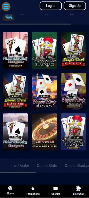 Jackpot Wheel Casino mobile table games interface screenshot showing selection of blackjack, roulette and other table games - Tested