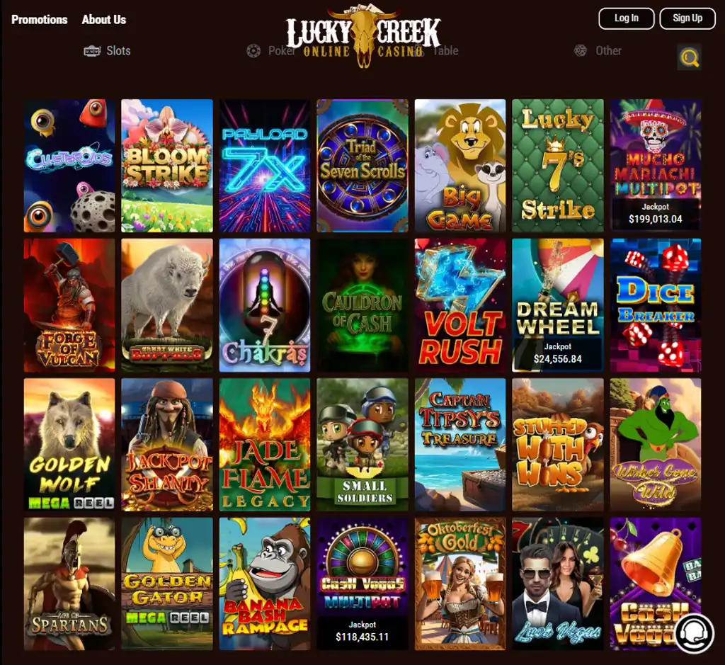 Lucky Creek Casino desktop slots lobby screenshot presenting variety of slot games with categories and providers - verified