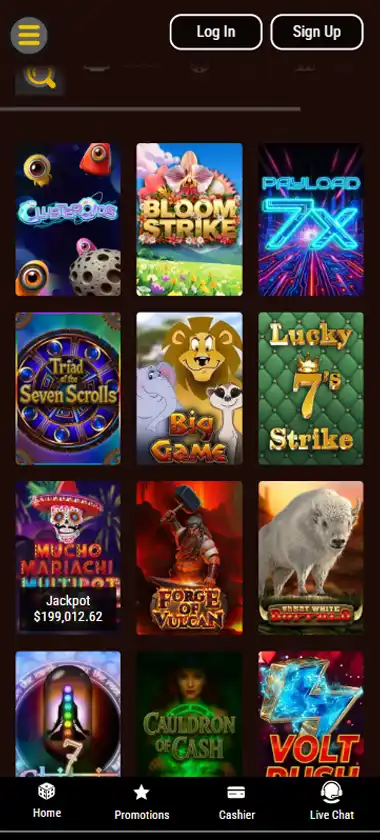 Lucky Creek Casino mobile slots interface screenshot showing slot game selection with popular titles and filtering options - captured during platform testing
