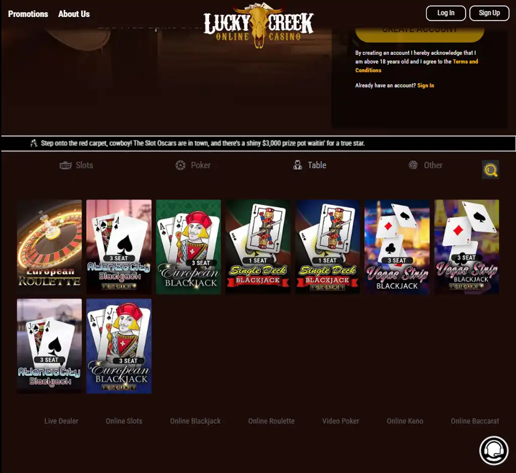 Lucky Creek Casino desktop table games lobby screenshot displaying classic games such as blackjack, roulette and baccarat - tested