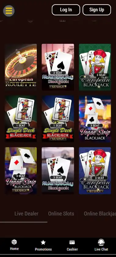Lucky Creek Casino mobile table games interface screenshot showing selection of blackjack, roulette and other table games - captured during platform testing