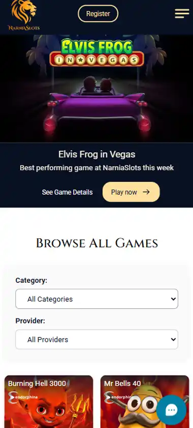 Narnia Slots Casino mobile homepage screenshot showing main lobby with featured games and promotions   captured during platform testing
