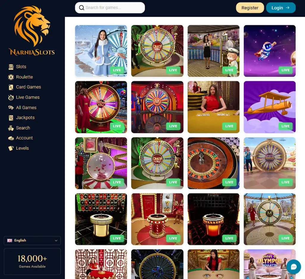 Narnia Slots Casino desktop live casino lobby screenshot featuring live dealer games and real time streaming interface   review testing
