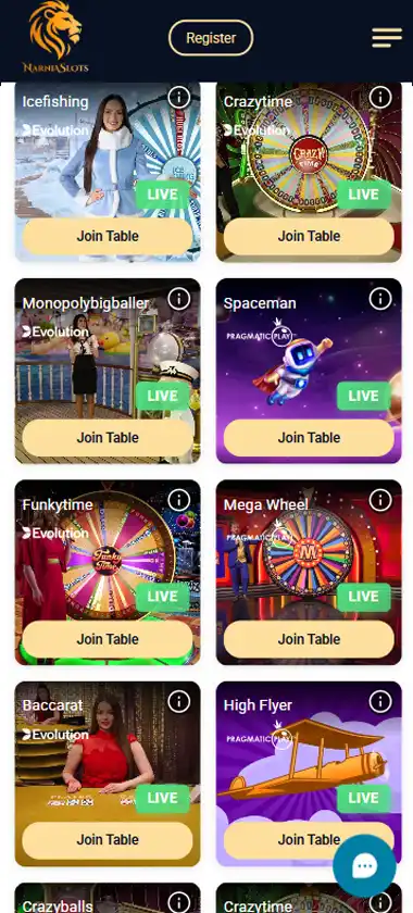 Narnia Slots Casino mobile live casino interface screenshot showing live dealer tables including blackjack and roulette   tested