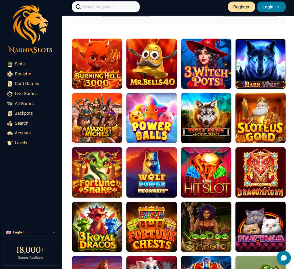 Narnia Slots Casino desktop slots lobby screenshot presenting variety of slot games with categories and providers   verified