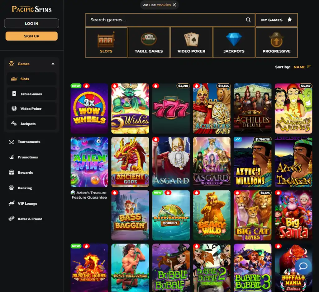 Pacific spins desktop slots lobby screenshot presenting variety of slot games with categories and providers - verified