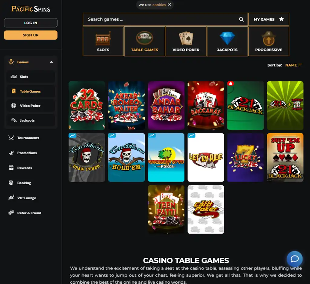 Pacific spins desktop table games lobby screenshot displaying classic games such as blackjack, roulette and baccarat - tested