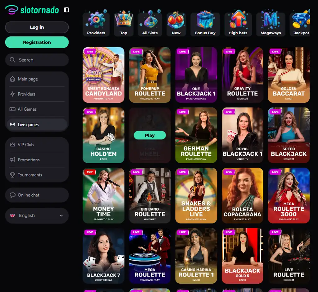 Slotornado Casino desktop live casino lobby screenshot featuring live dealer games and real-time streaming interface - review testing