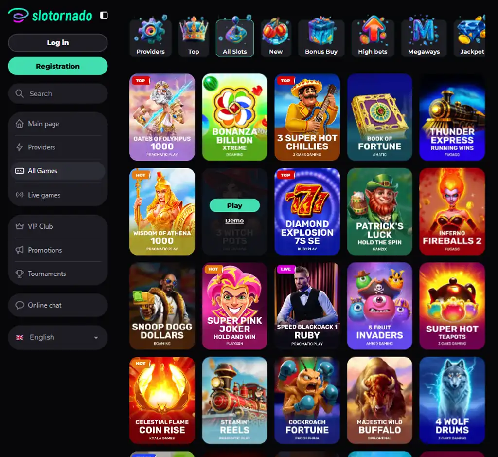 Slotornado Casino desktop slots lobby screenshot presenting variety of slot games with categories and providers - verified