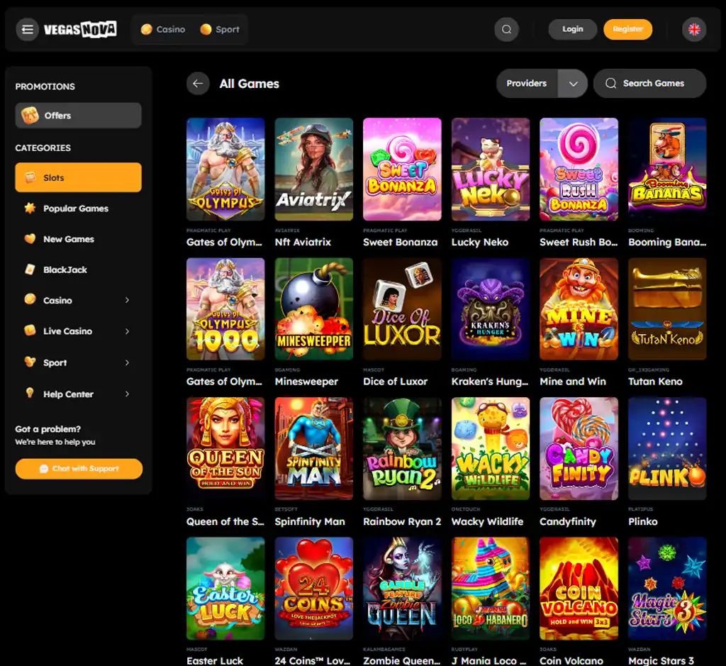 Vegas nova Casino desktop slots lobby screenshot presenting variety of slot games with categories and providers - verified