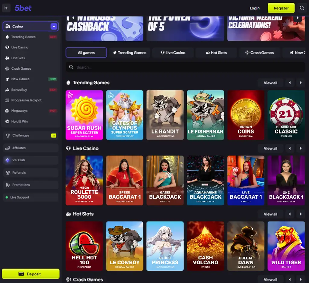 5 Bet Casino desktop homepage screenshot displaying main lobby with featured games, promotions and navigation menu - tested